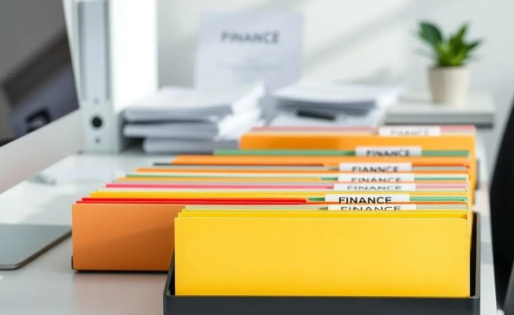 An organized desk with labeled finance files.