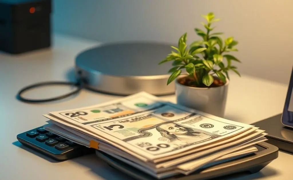 A neat desk with financial documents and a calculator