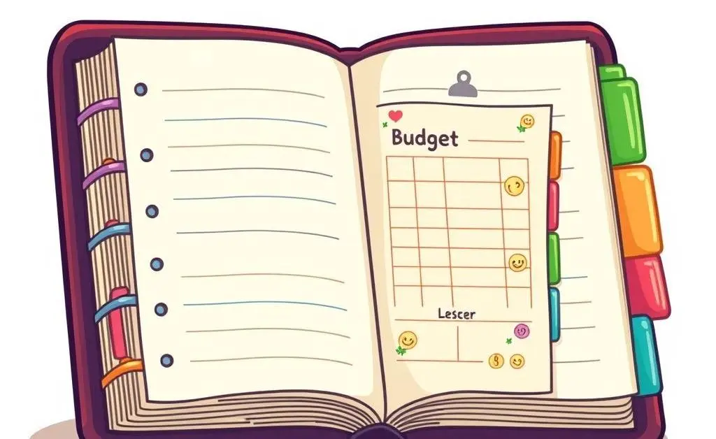Organized financial notebook with colorful tabs and budget planner
