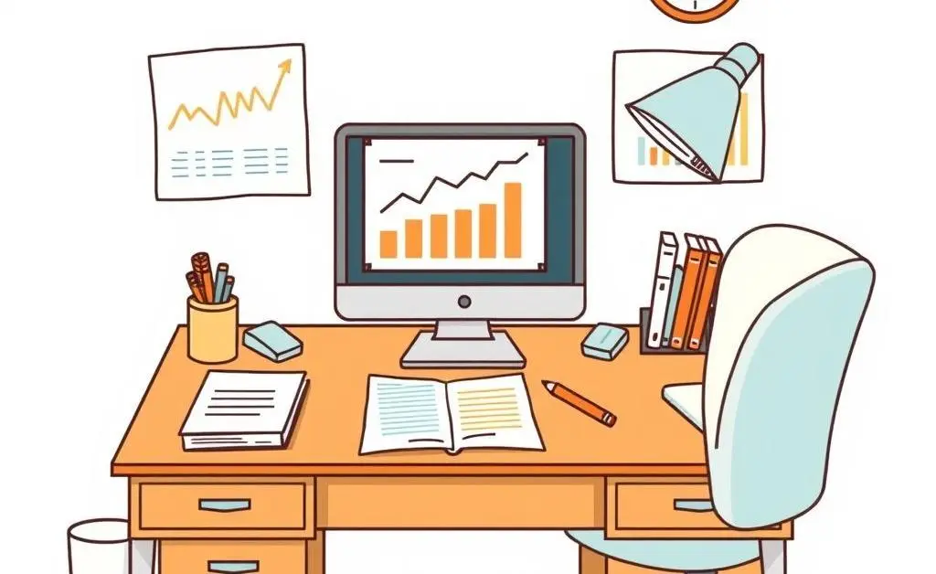 A cartoon-style drawing of a neatly organized desk with financial charts and a planner
