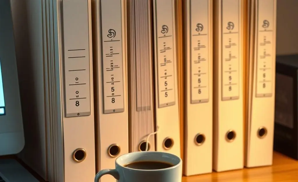 An organized file system with labeled folders and a cup of coffee nearby.