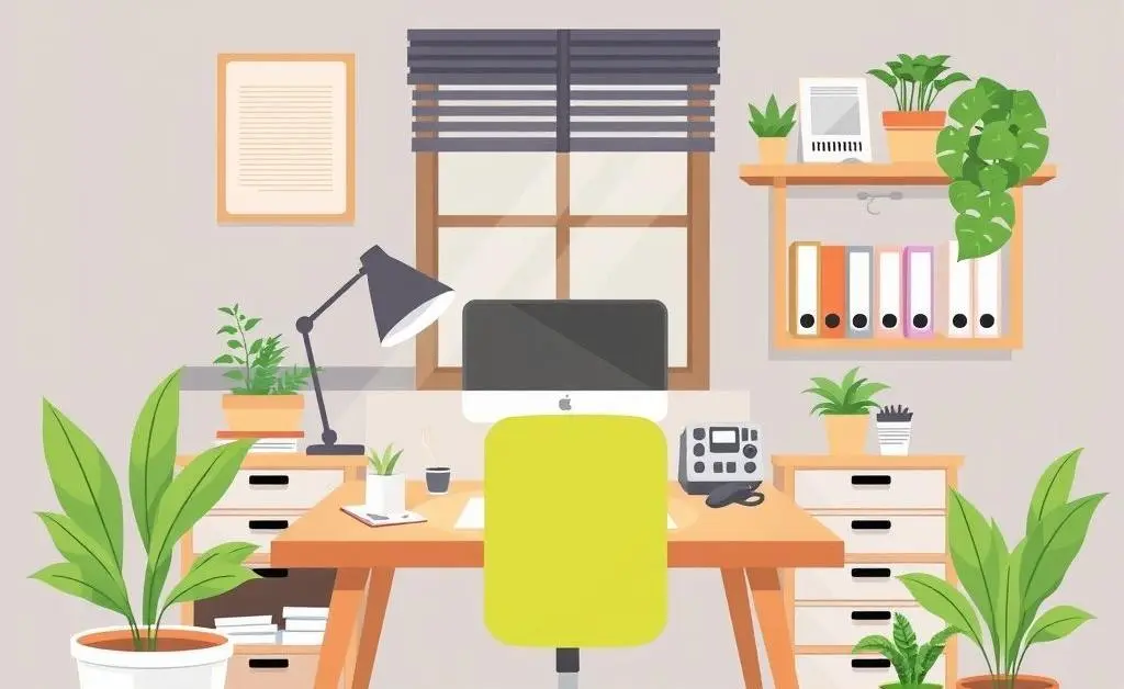 An organized and inviting home office with a desk and greenery