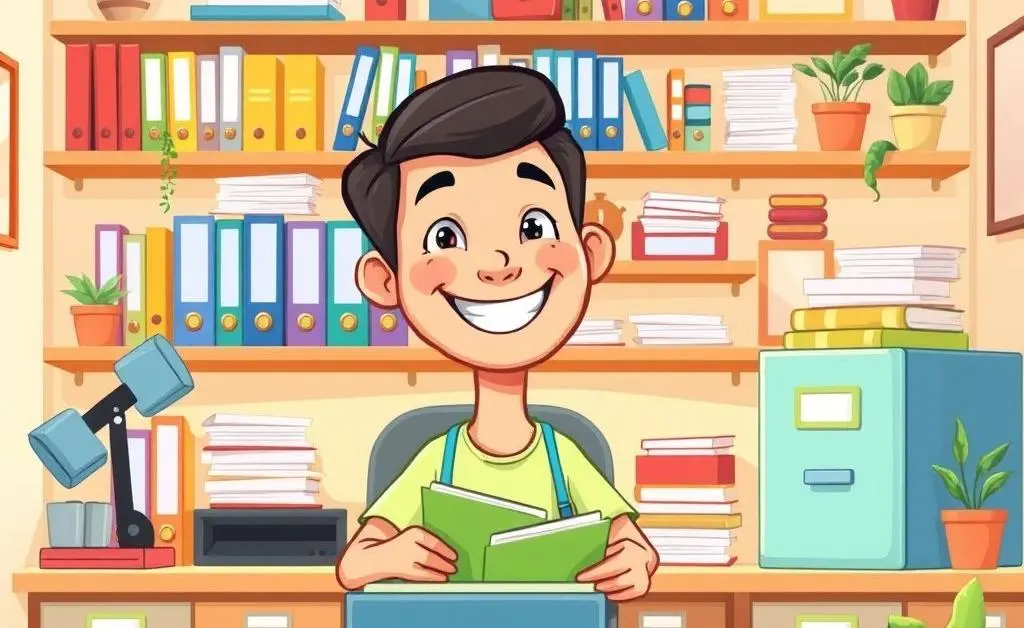 Cartoon-style image of organized home records with a cheerful homeowner filing papers