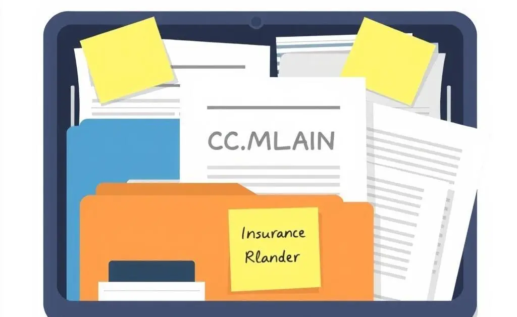 Illustration of organized files and documents related to an insurance claim.