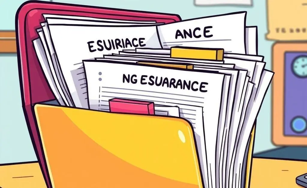 A cartoon-style image of a neatly organized folder full of labeled insurance documents.