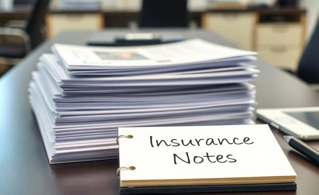 An organized table with neatly arranged insurance documents and a notepad labeled 'Insurance Notes'.