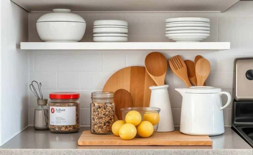 An organized kitchen counter with a few neatly arranged items.