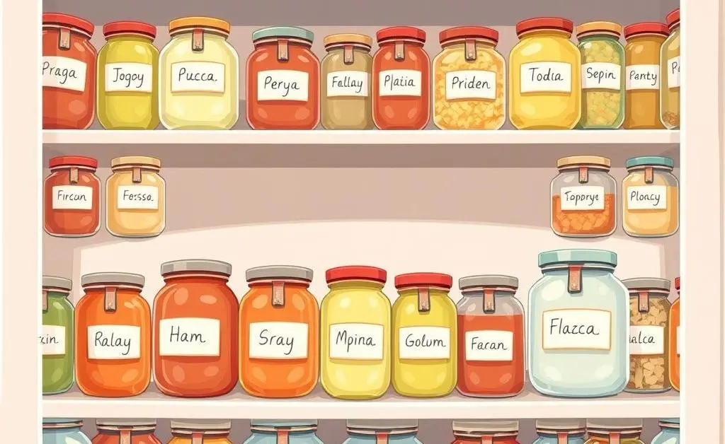 An organized pantry with neatly labeled jars in a cartoon-style illustration