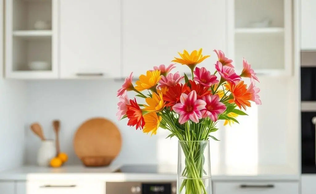 A clean and organized kitchen table with a vase of flowers.