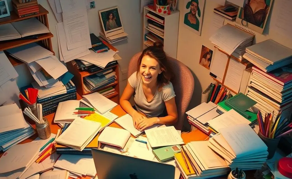 A desk with a mix of papers, books, a laptop, and art supplies, with a person happily working amid the chaos.