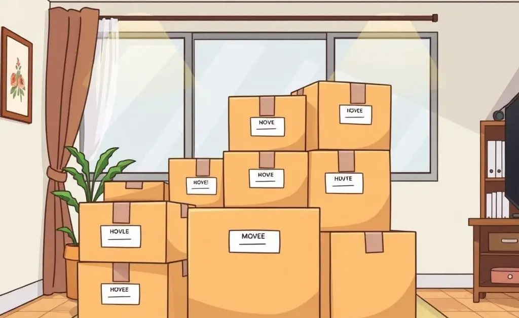 Cartoon-style image of neatly labeled moving boxes in a living room.