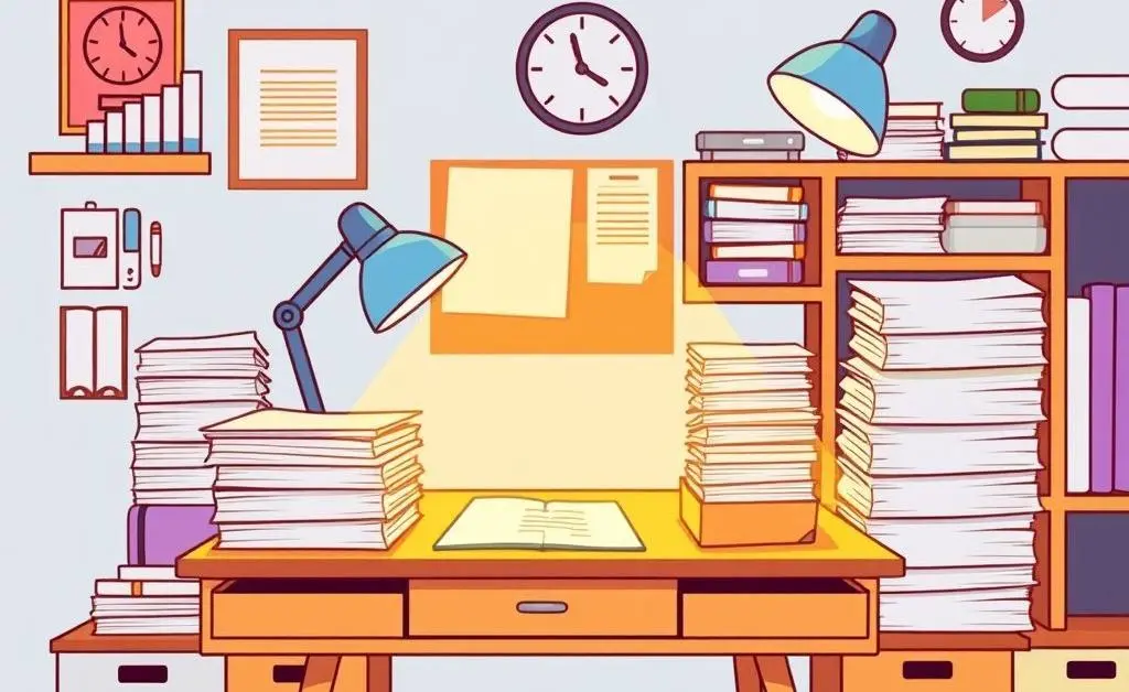 Cartoon-style illustration of an organized desk with neatly stacked papers.