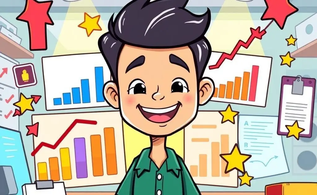 A cartoon-style image of an organized reward strategy with charts, cards, and smiling person