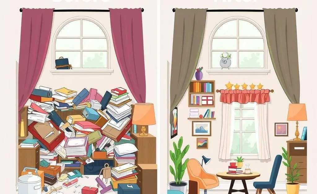 A before and after scene of a room makeover.