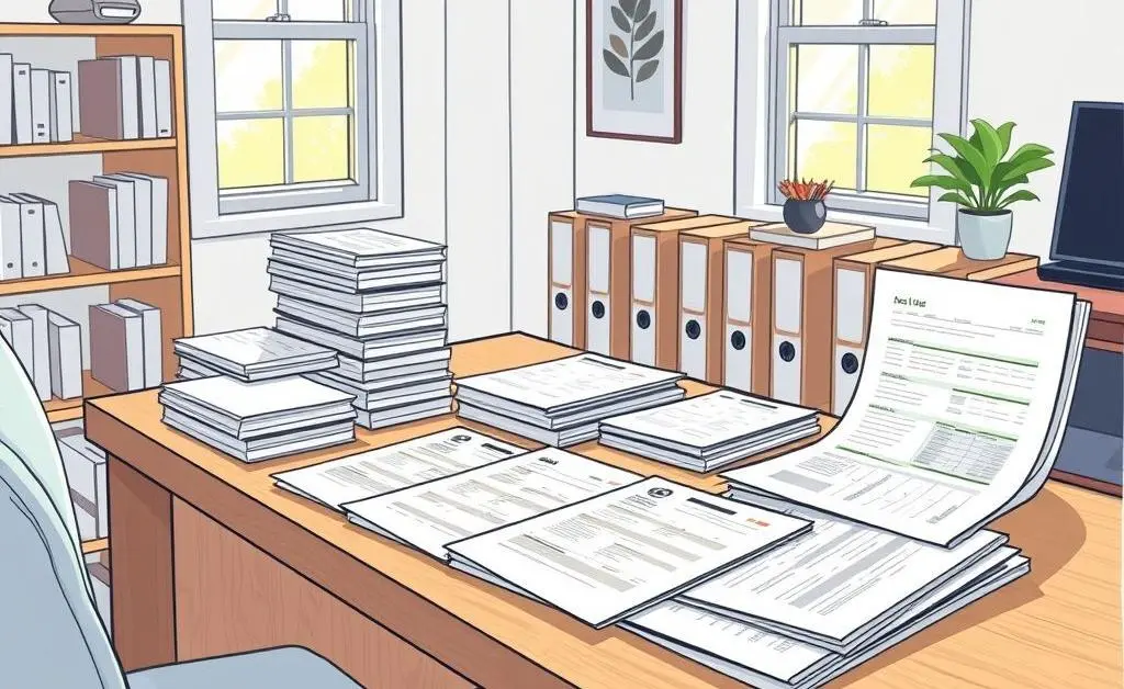 Neatly organized tax documents on a desk.