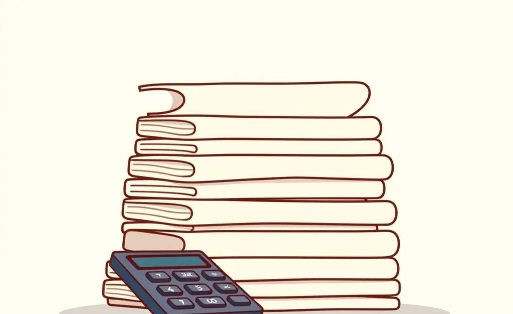 Minimalist cartoon of a neatly organized set of tax documents and a calculator.