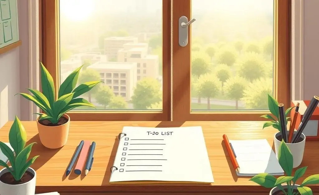 Illustration of an organized to-do list on a desk with a sunny window view