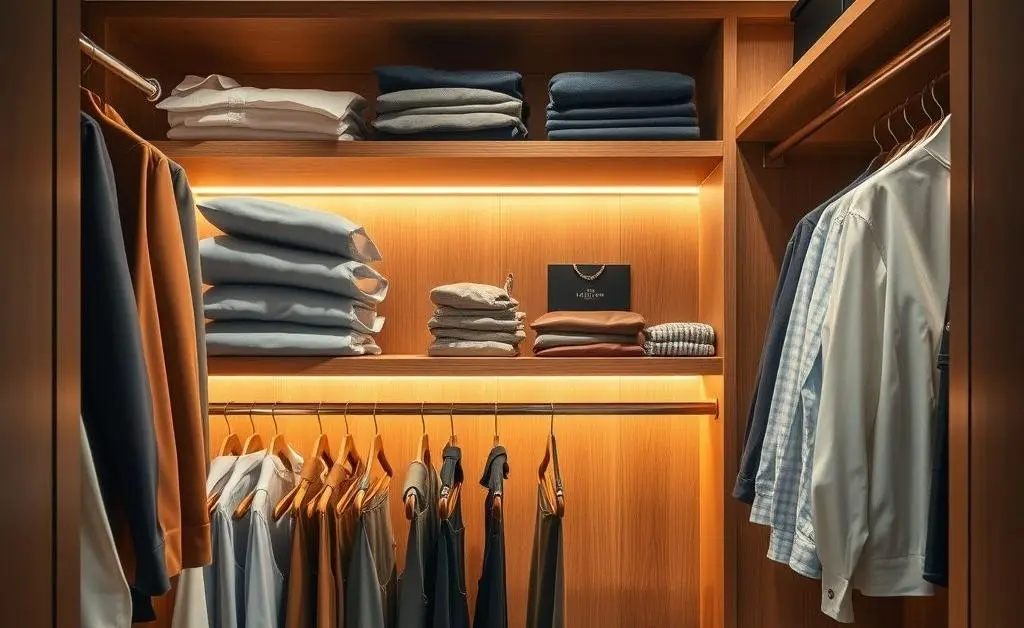 An organized wardrobe with neatly arranged clothes and a few personal items.