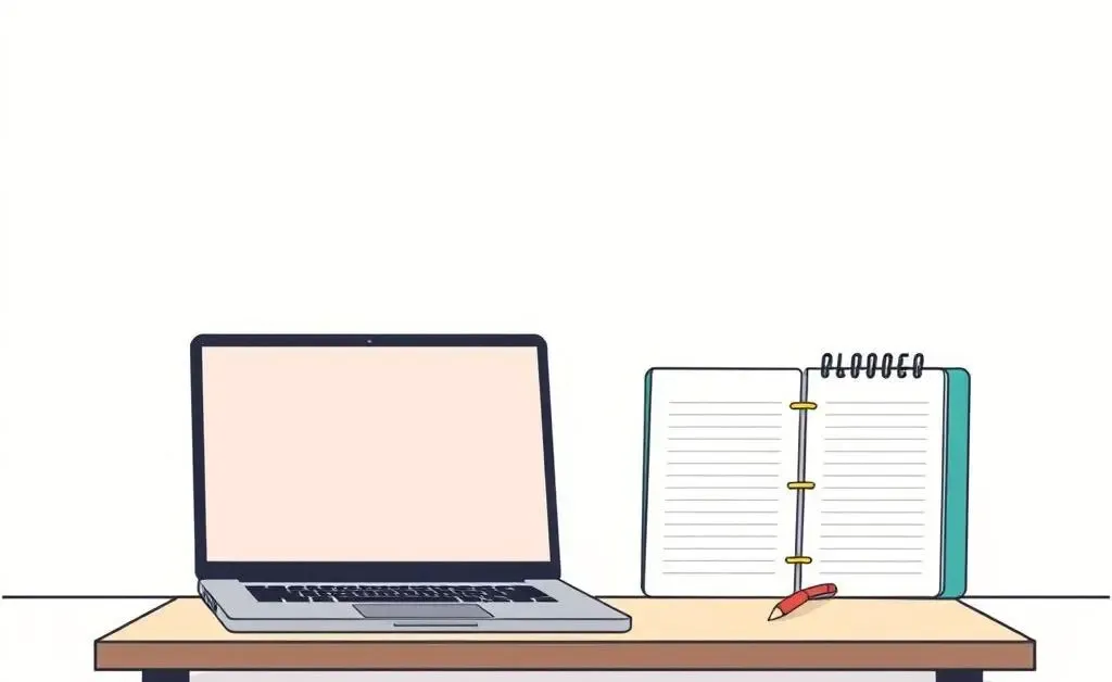 An organized workspace with a laptop and planner.