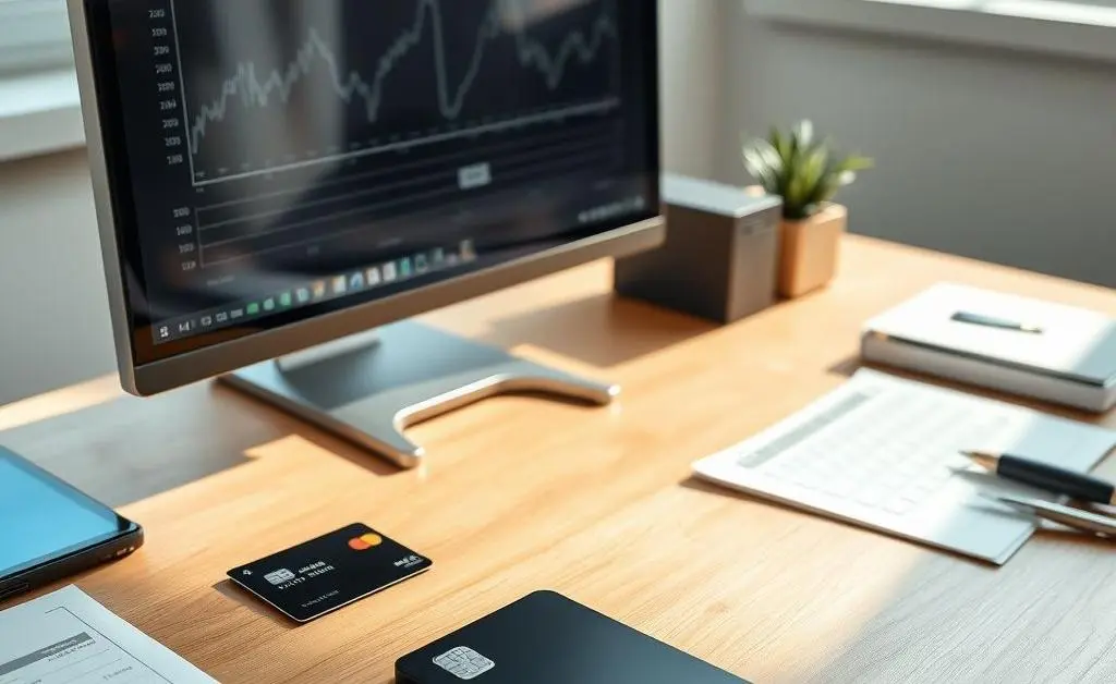 An organized desk setup with banking tools and a computer.