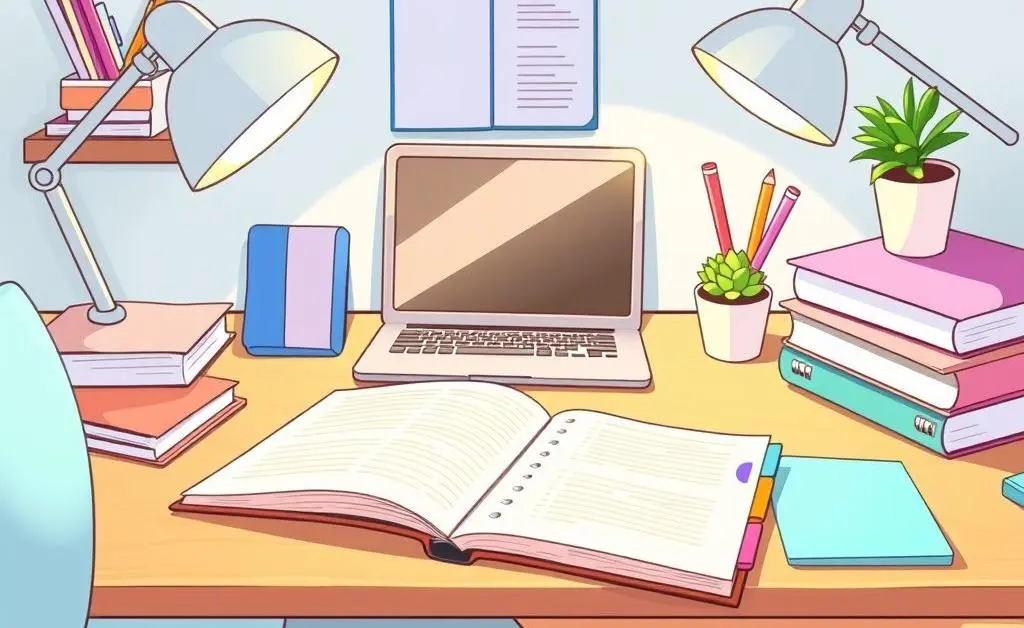 Organized and tidy desk with a planner and laptop