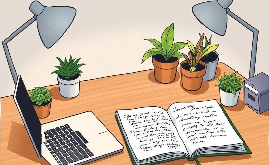 A tidy desk space with a laptop and planner