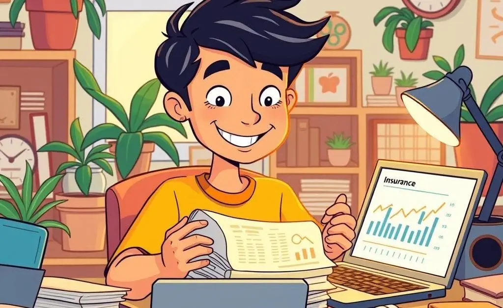 A cartoon-style image of someone organizing their insurance documents with a laptop and coffee on the desk