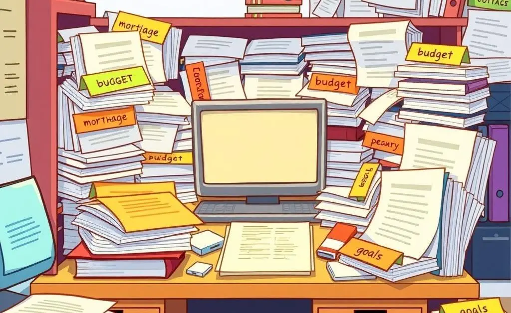 An organized desk with documents labeled 'mortgage', 'budget', and 'goals'.