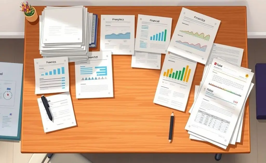 Illustration of an organized desk with labeled financial documents.