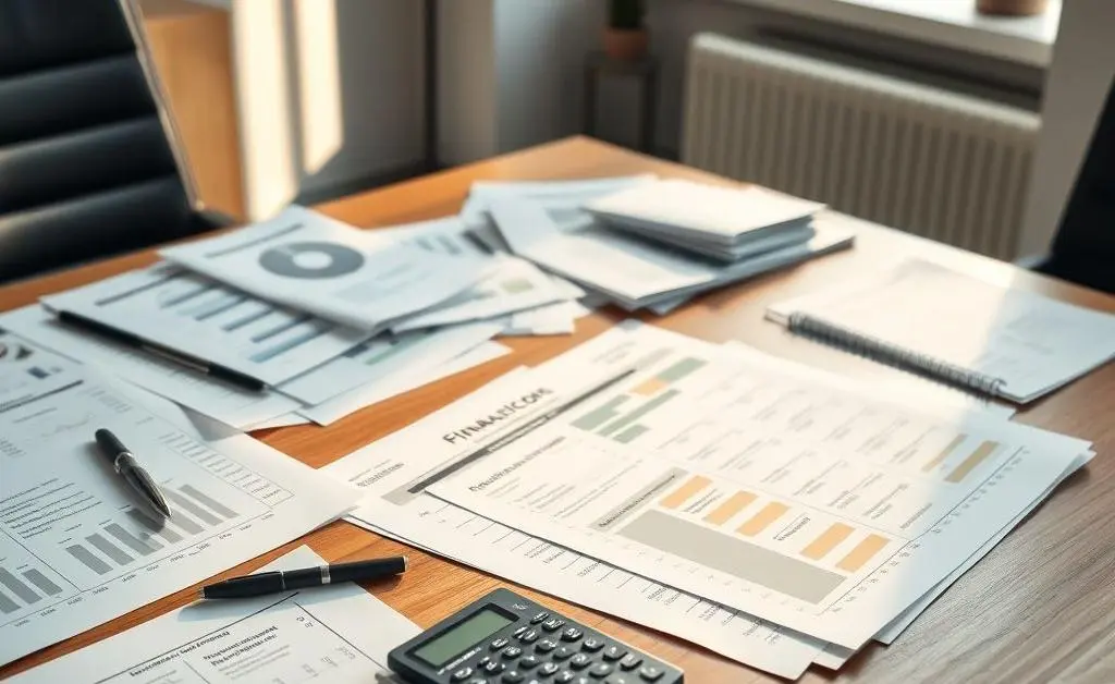 A neatly organized desk with financial documents and a calculator.