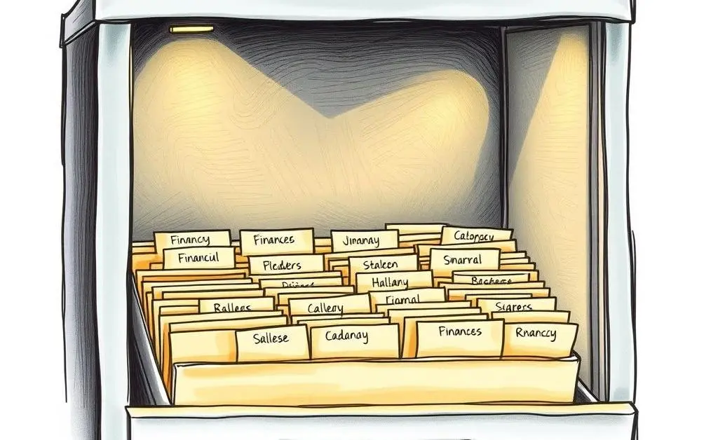 Open filing cabinet with labeled financial folders.