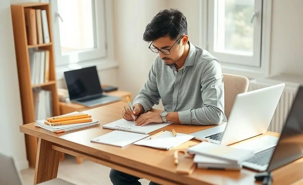 A person sitting at a desk, creating a checklist and organizing home documents.