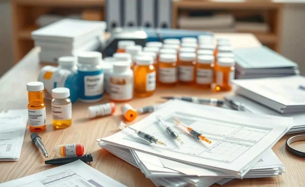 An organized desk with medications and health-related paperwork neatly arranged.