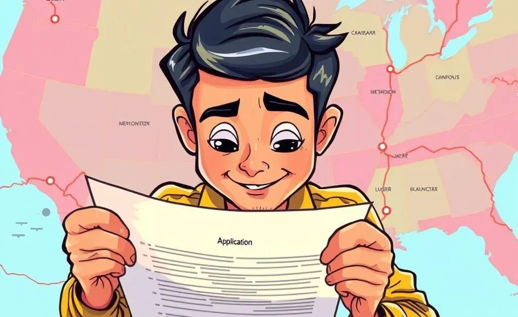 Cartoon illustration of a person looking at a job application with state lines in the background.