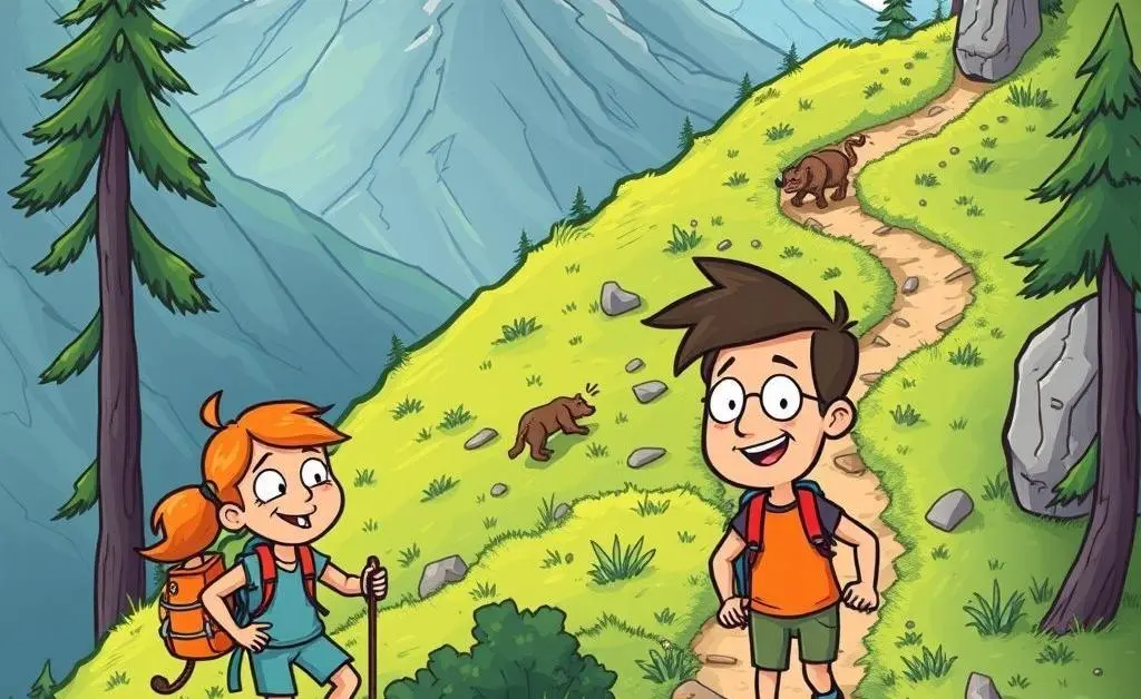 An unexpected turn during a hiking adventure illustrated in cartoon style.