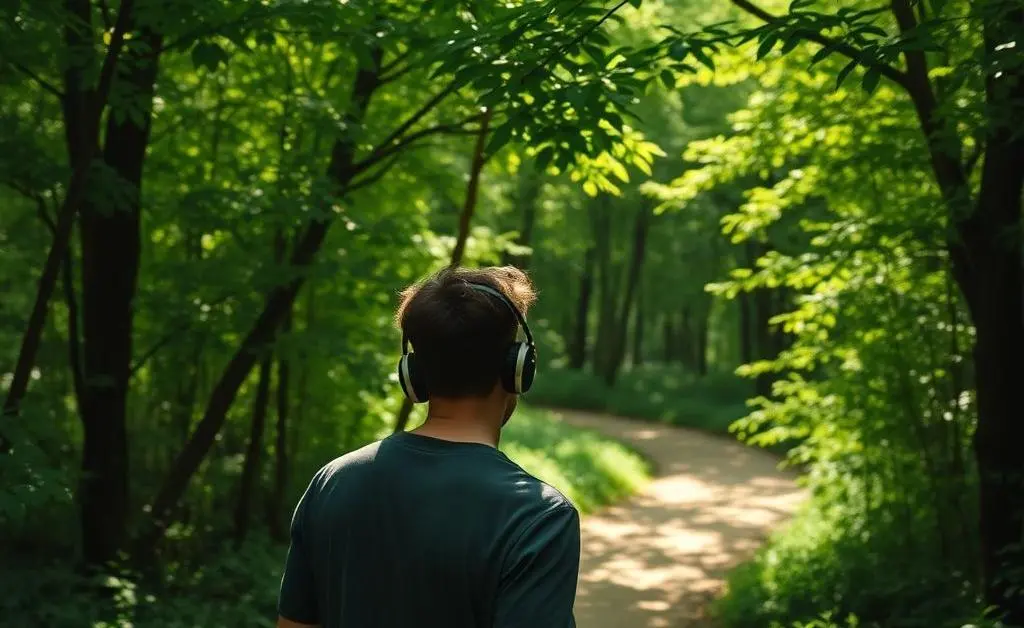 A person walking on a leafy path with headphones, embracing nature.
