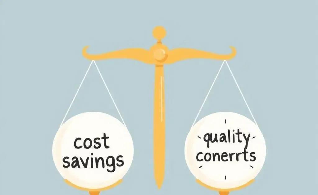 Illustration of a weighing scale with 'cost savings' and 'quality concerns'