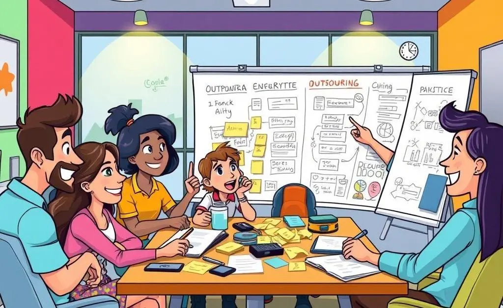 Cartoon-style image of a small team brainstorming outsourcing.