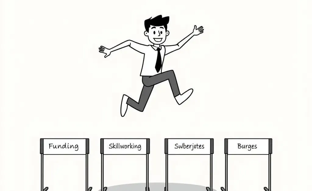 A minimalist cartoon of a person confidently jumping over hurdles labeled with common financial career obstacles.