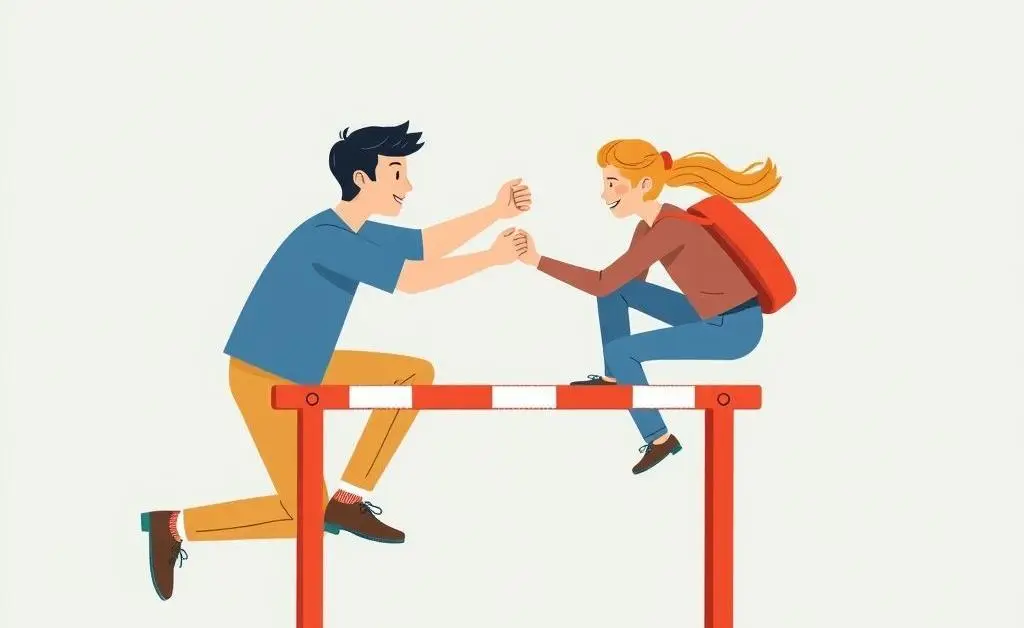 An illustration of two people helping each other over a symbolic hurdle.