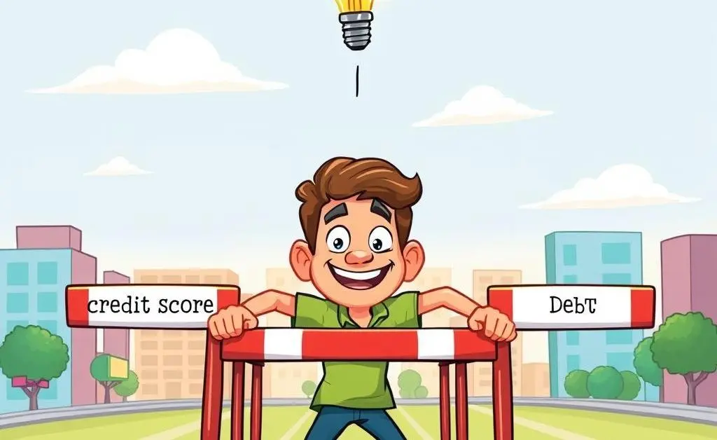 Illustration of a person encountering hurdles labeled 'credit score', 'debt', and 'income', with a lightbulb above their head.
