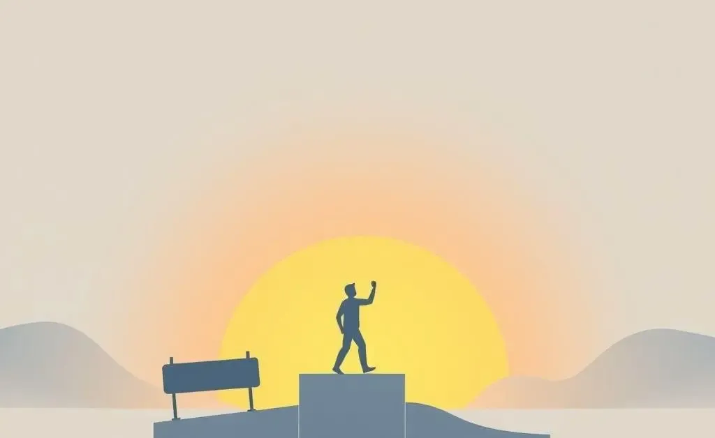 A cartoon-style image showing an individual overcoming obstacles on a hopeful horizon.