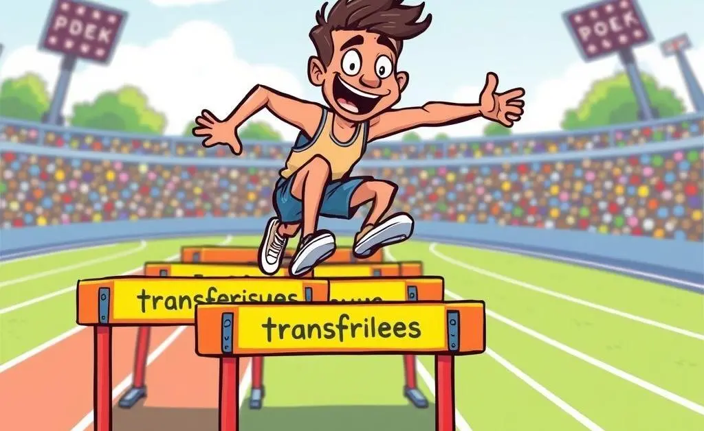 A cartoon depicting a person climbing over hurdles labeled 'transfer issues'.