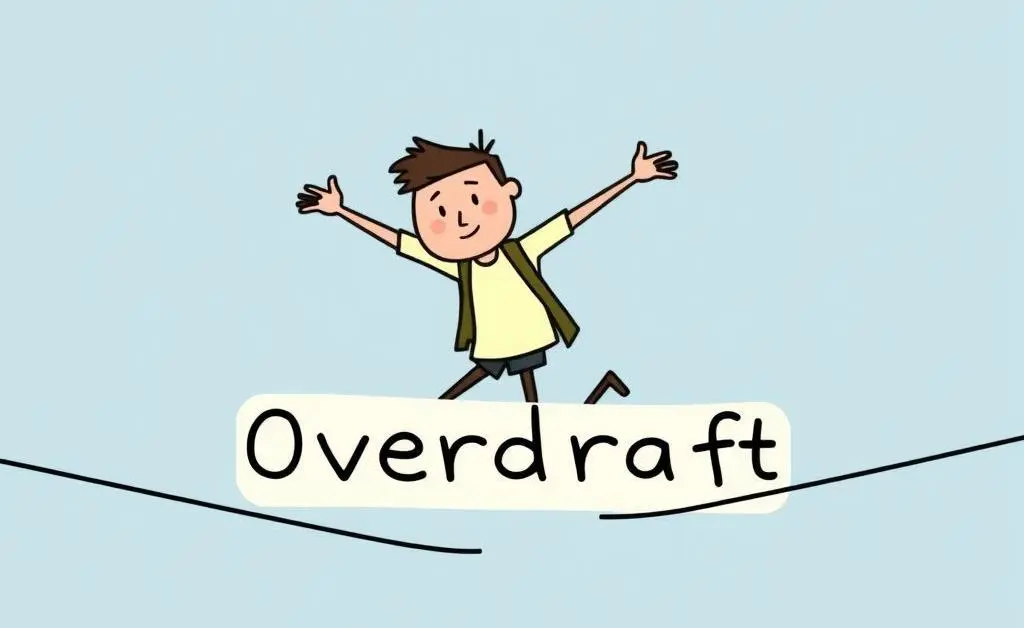 A cartoon image of a person balancing on a tightrope labeled 'Overdraft'.