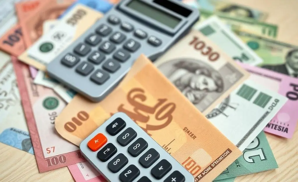 Colorful bills and calculator on a table