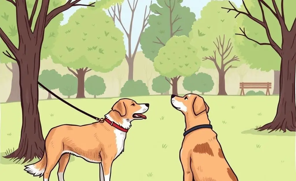 Hand-drawn style image of a dog owner training their dog in a park