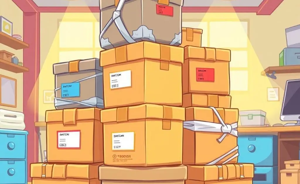 A cartoon-style illustration of neatly packed boxes with labels and protective wrapping