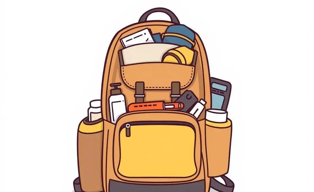 A minimalist cartoon-style drawing of a backpack with essential travel items packed efficiently.