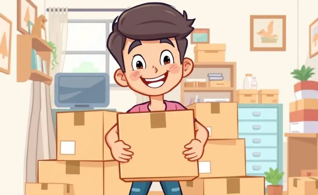 A cartoon-style image of a person happily packing moving boxes, surrounded by a bright and organized room.