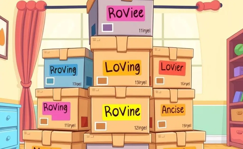 A cartoon-style image of organized moving boxes with labels